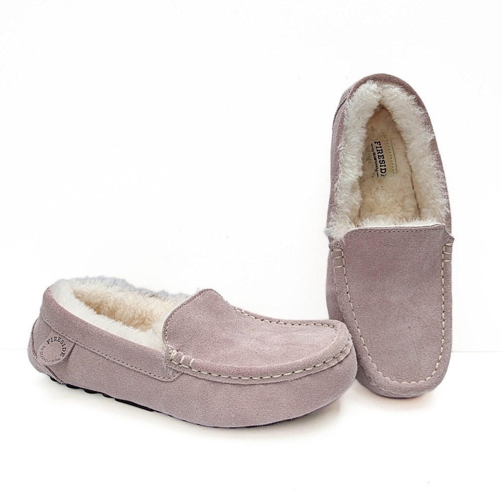 Fireside Dearfoams Mel Slippers Womens 9 Dusty Pink Suede Shearling Moccasin